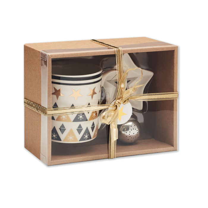 Branded mug, tea filter and plate set