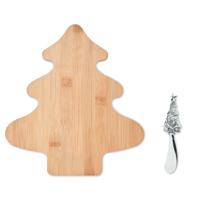 Branded tree-shaped bamboo cheeseboard set, top view