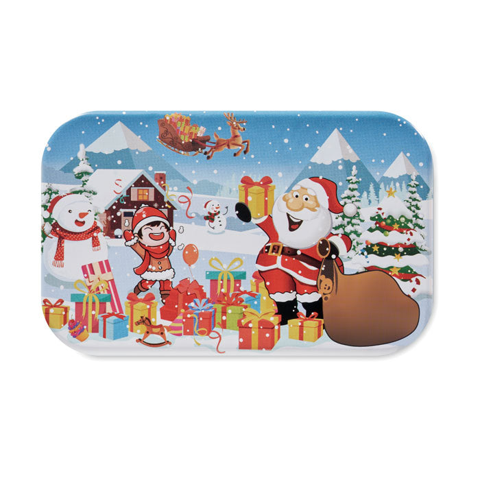 Branded Christmas puzzle tin, top view