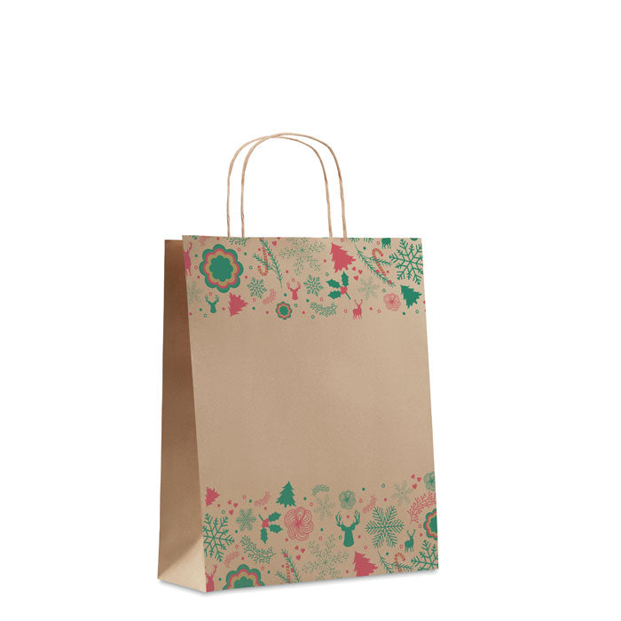 Branded Christmas gift paper bag, medium, beige
