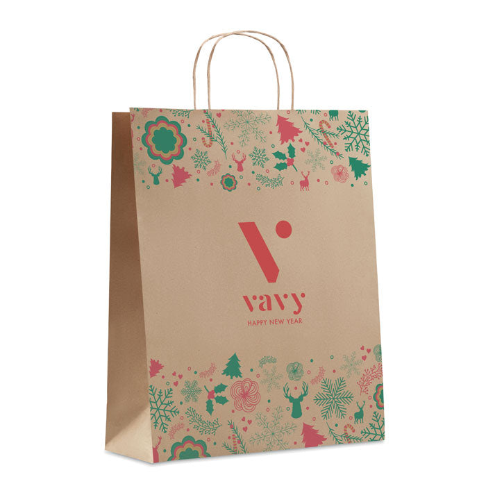 Branded Christmas gift paper bag, large, beige, printed example