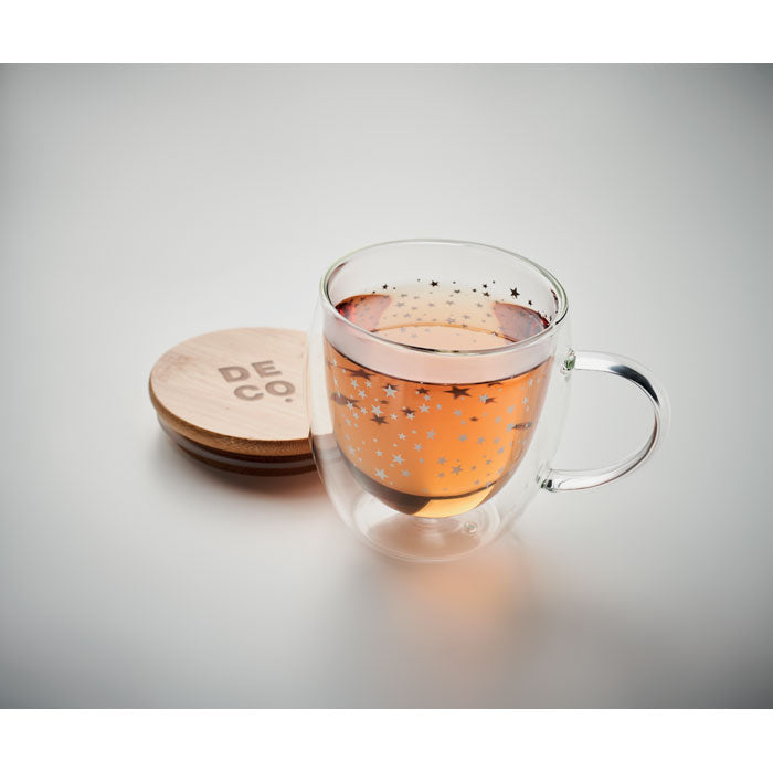 Branded borosilicate mug, stars design, detail
