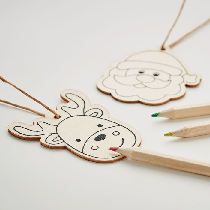 Branded wooden Christmas colouring ornaments, detail