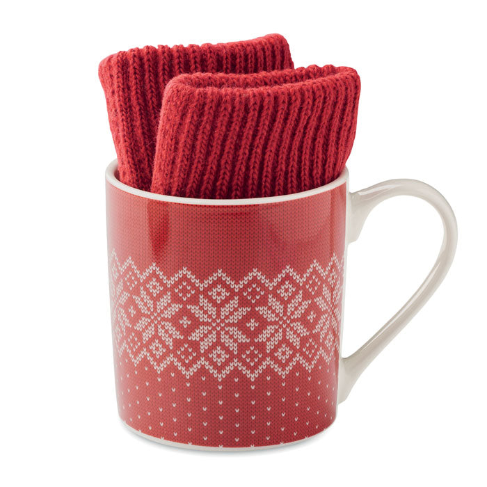 Branded winter gift mug and gloves set, box open