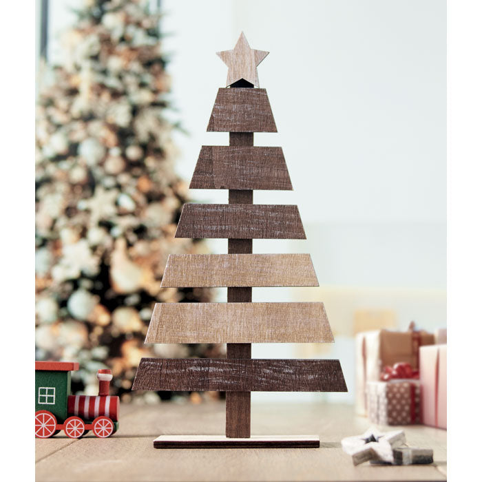 Branded wooden Christmas tree decoration, in use