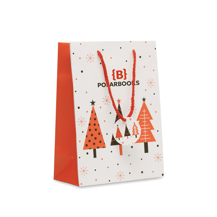 Branded Christmas gift paper bag, medium, white, printed example