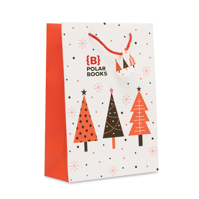 Branded Christmas gift paper bag, large, white, printed example