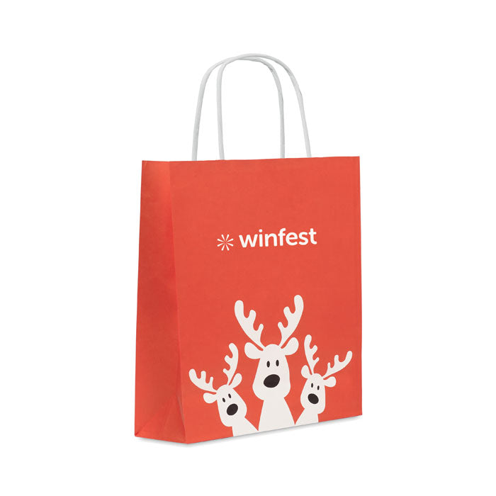 Branded Christmas gift paper bag, small, red, printed example