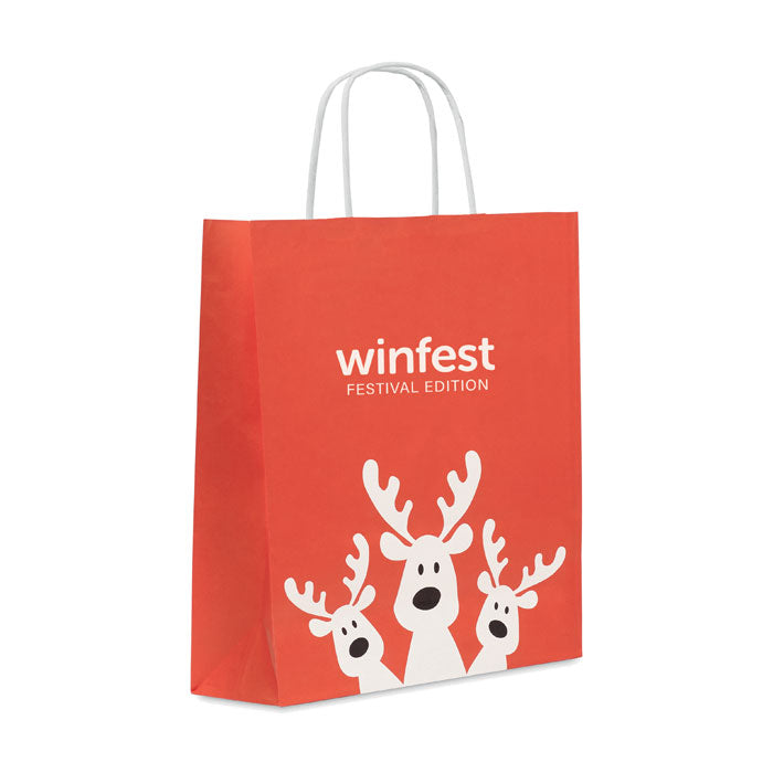 Branded Christmas gift paper bag, medium, red, printed example