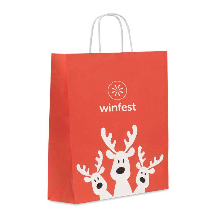 Branded Christmas gift paper bag, large, red, printed example