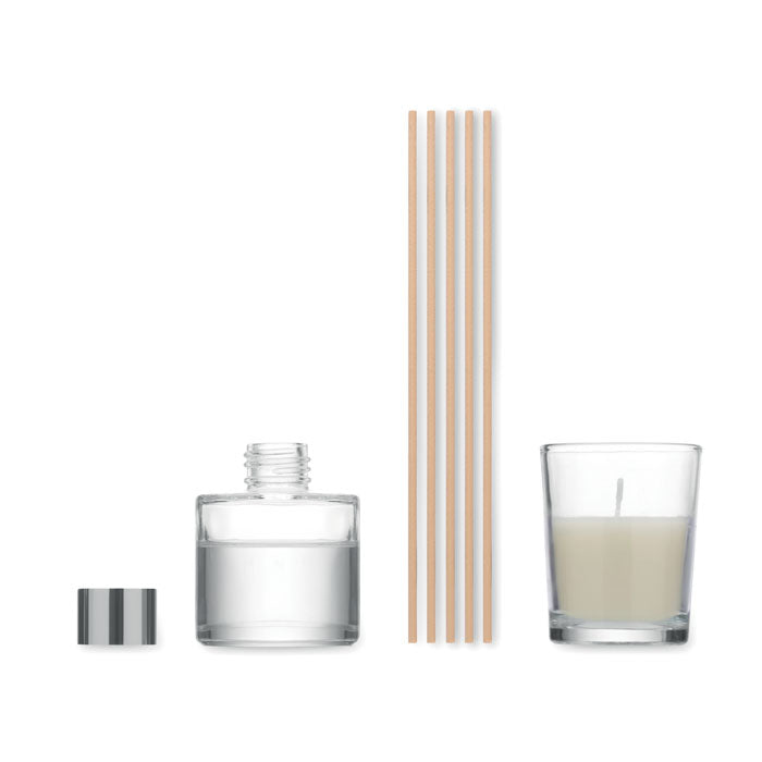 Branded vanilla diffuser and candle set, box open