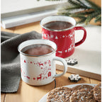 Branded Christmas enamel mug, in use