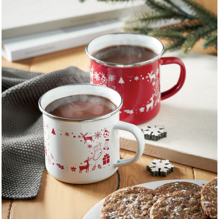 Branded Christmas enamel mug, in use