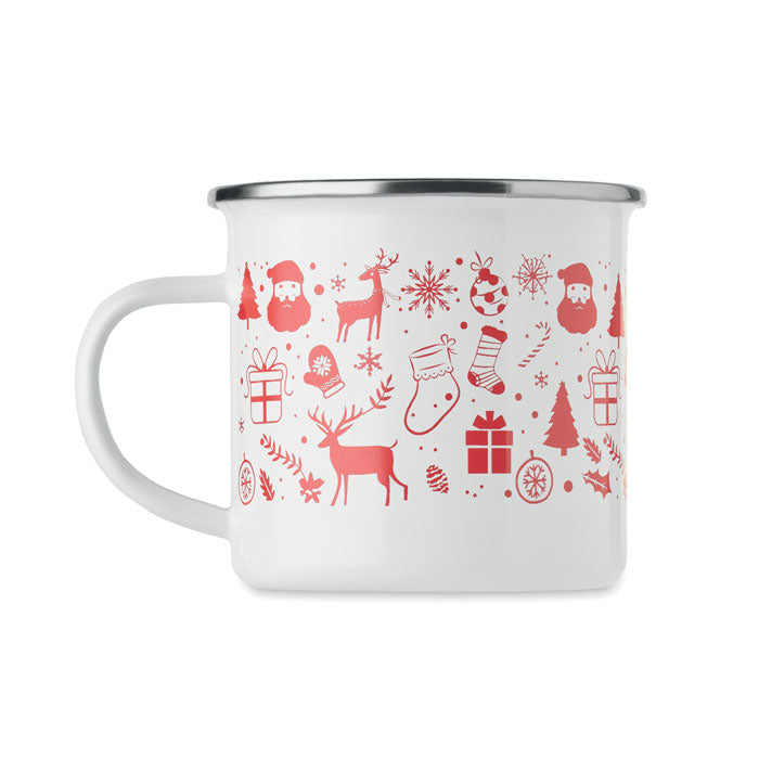 Branded Christmas enamel mug, gift box open