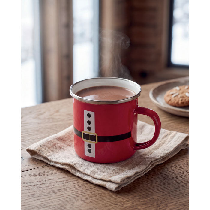 Branded Santa enamel mug, in use