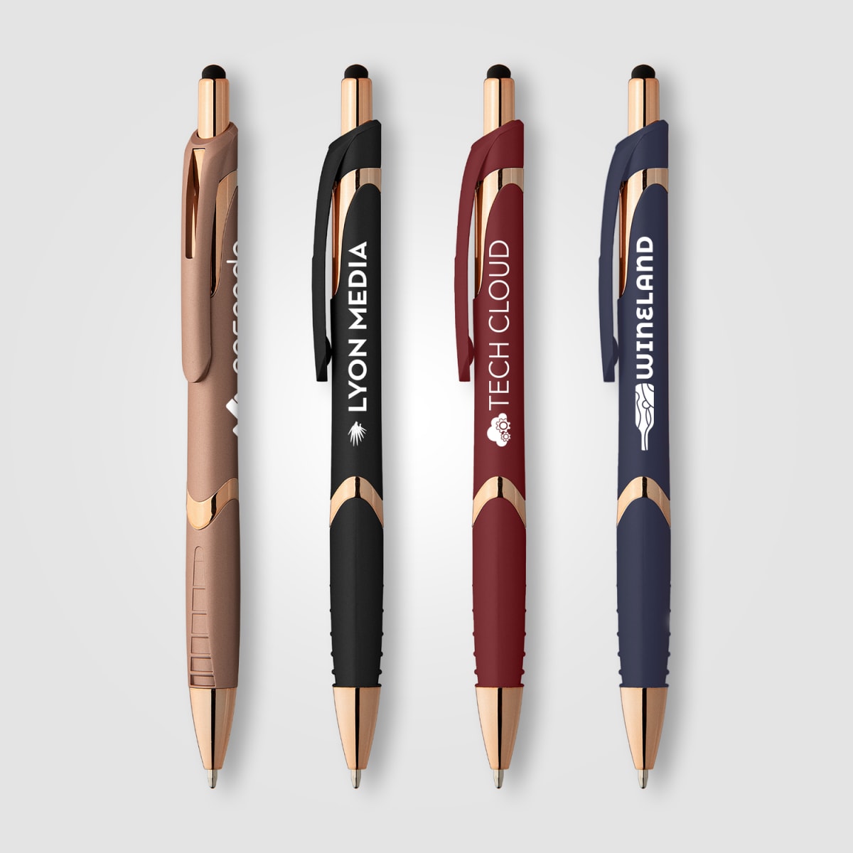 Branded Soft-Touch Plastic Pen with Rose Gold Trim and Stylus