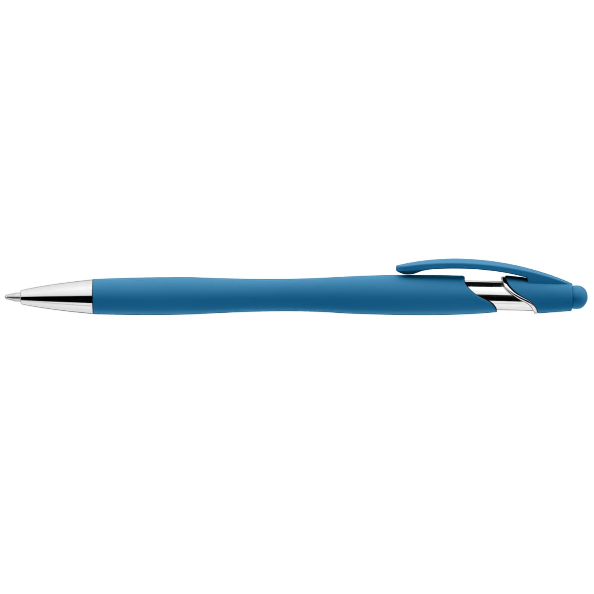 Branded Soft Rubber Coated Stylus Pen with Chrome Trim in Light Blue