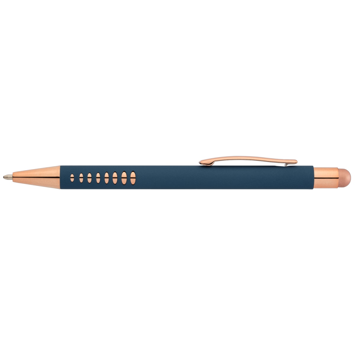 Branded Rose Gold Aluminium Stylus Pen with Cutouts in Navy Blue