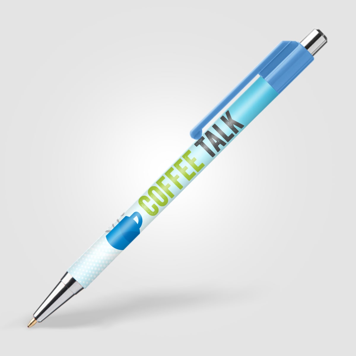 Branded Slimline Chrome Click Pen with Colour Clip in Neon Blue