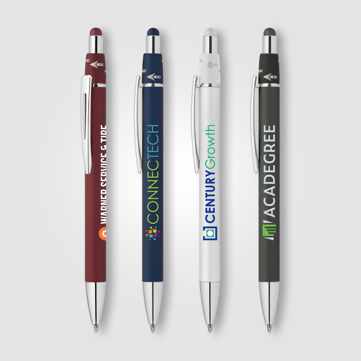 Branded Metal Spinner Pen with Chrome Trim and Stylus
