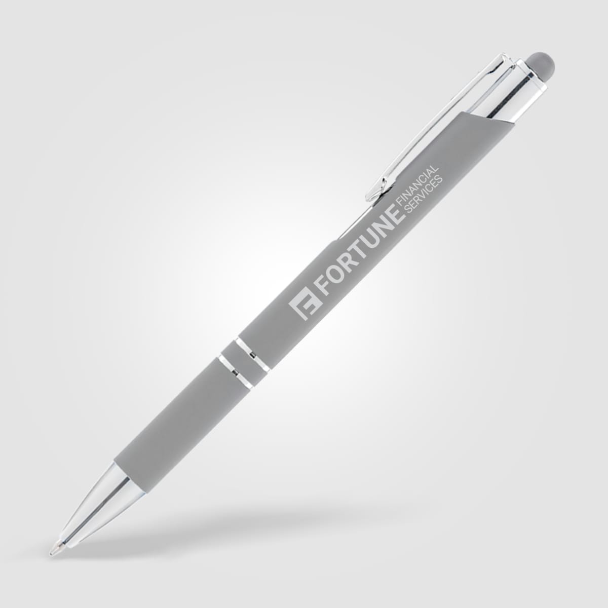 Branded Soft-Touch Metal Pen with Top Stylus in Light Gray