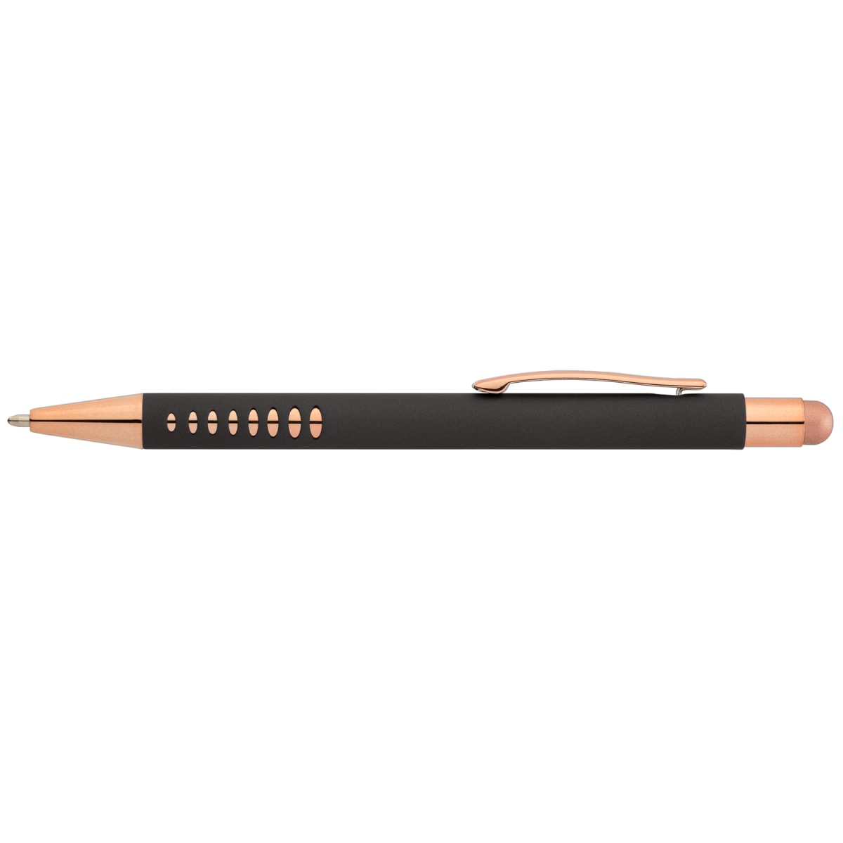 Branded Rose Gold Aluminium Stylus Pen with Cutouts in Black