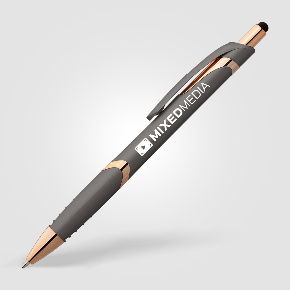 Branded Soft-Touch Plastic Pen with Rose Gold Trim and Stylus