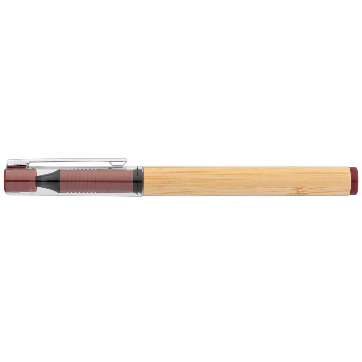 Branded Bamboo Barrel Gel Pen with rPET Cap in Burgundy
