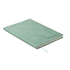 Mint green notebook with a textured cover on a white background
