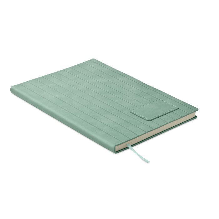 Mint green notebook with a textured cover on a white background