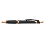 Branded Soft-Touch Plastic Pen with Rose Gold Trim and Stylus in Black