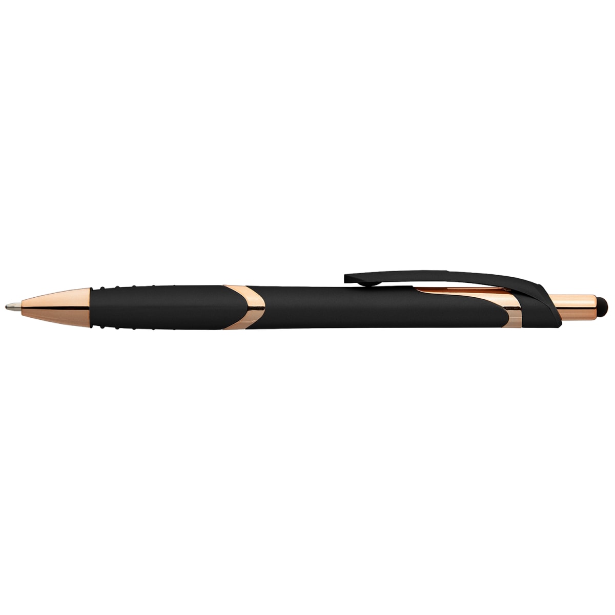 Branded Soft-Touch Plastic Pen with Rose Gold Trim and Stylus in Black