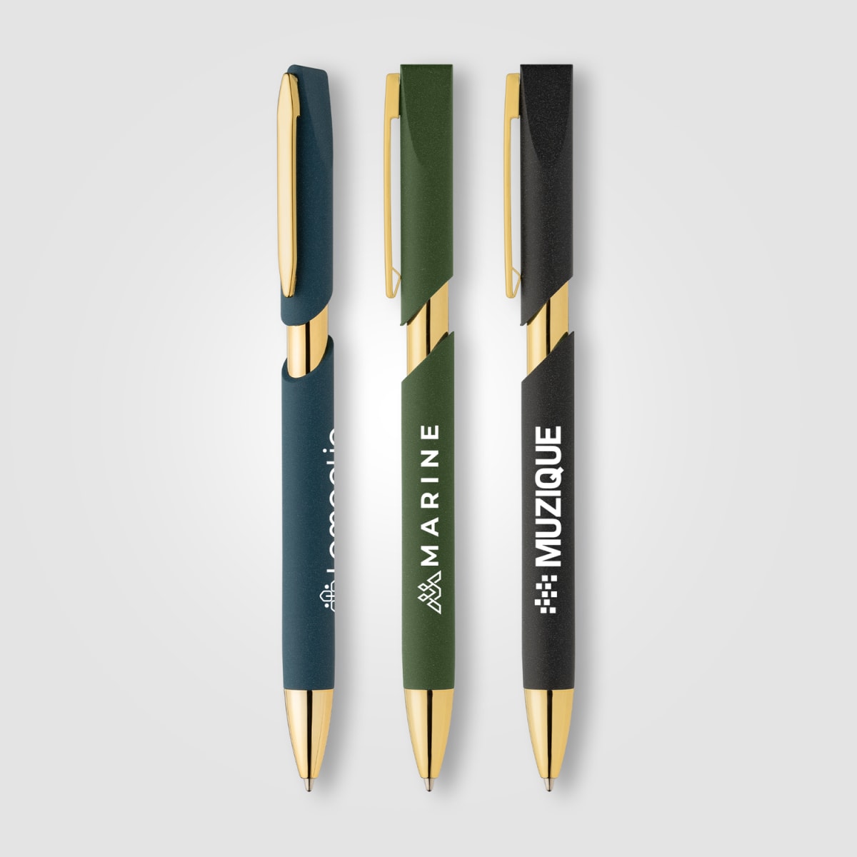 Branded Recycled Plastic Pen with Stone Finish and Gold Trim