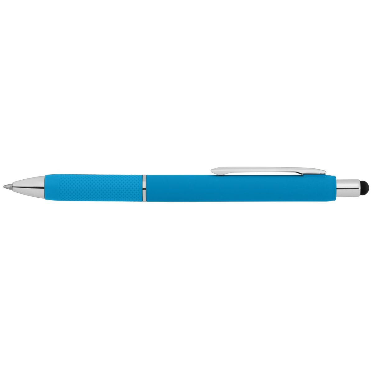 Branded Retractable Gel Pen with Stylus and Chrome Trim in Light Blue