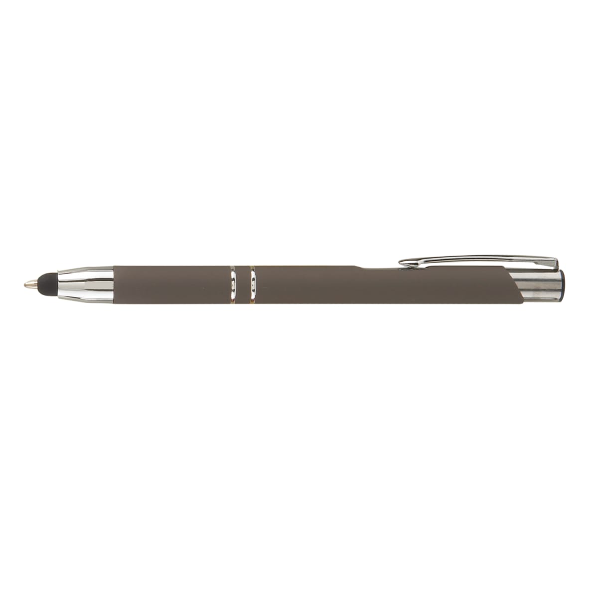 Branded Soft-Touch Metal Pen with Bottom Stylus in Taupe