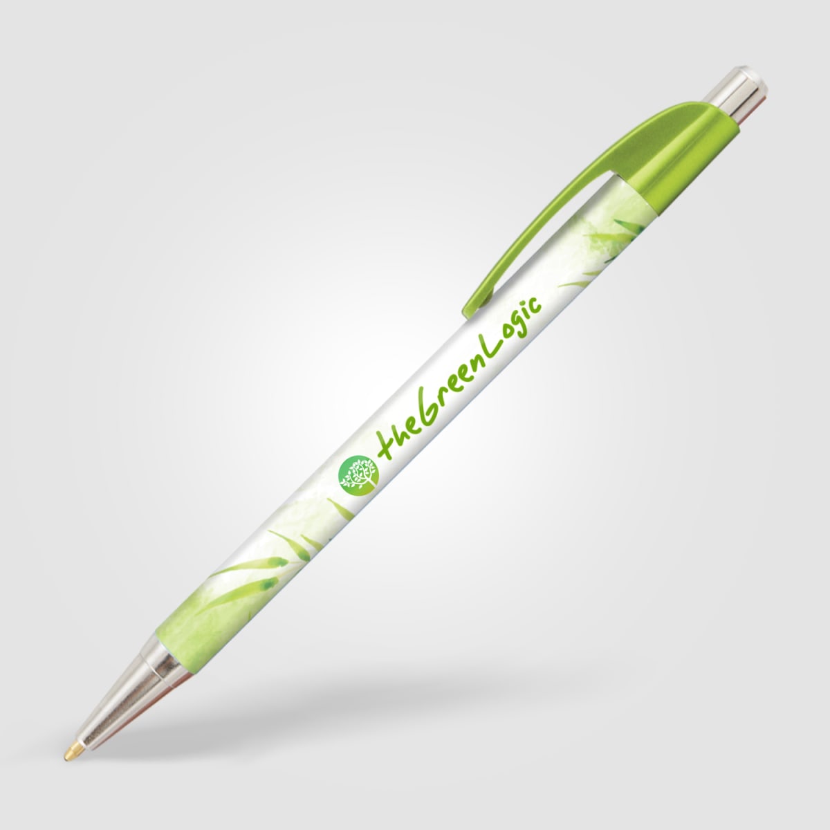 Branded Slim Chrome Trim Pen with Metallic Clip in Lime Green