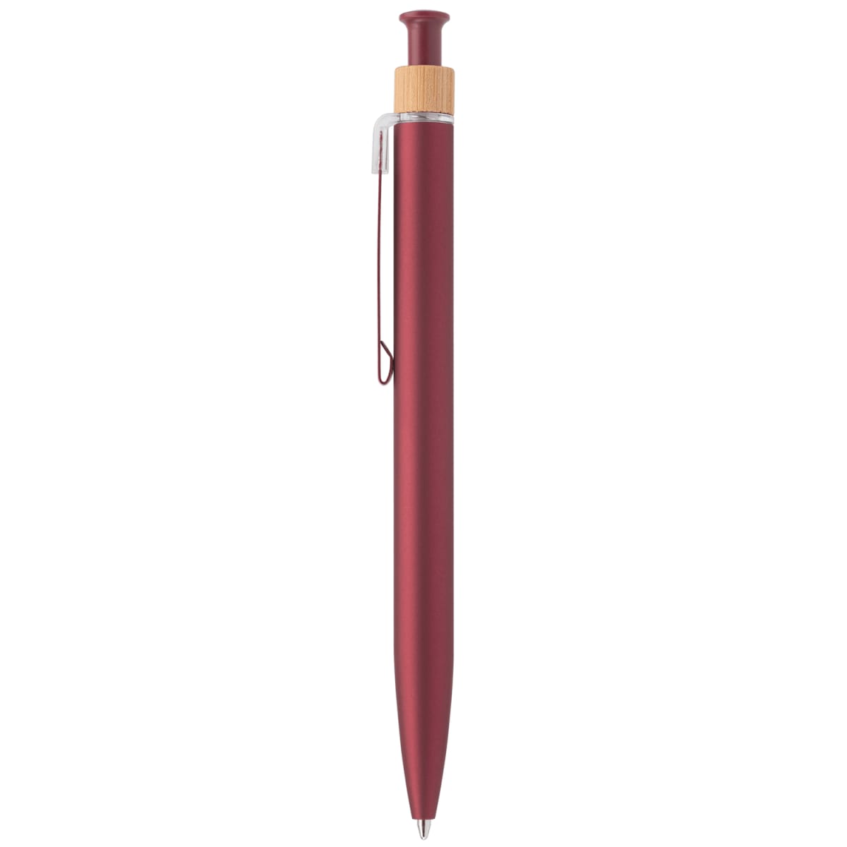 Branded Recycled Aluminium Soft Touch Click Pen with Bamboo Ring in Burgundy