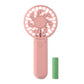 Pink handheld fan with a green battery on a white background