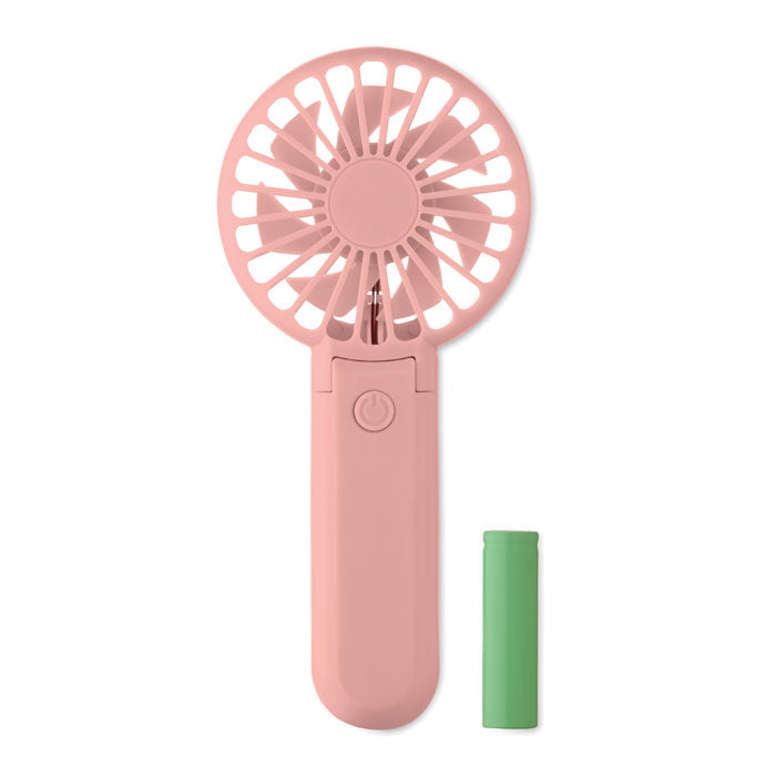 Pink handheld fan with a green battery on a white background