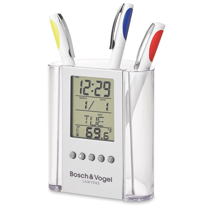 Branded Pen Holder with Calendar, Alarm Clock and Thermometer