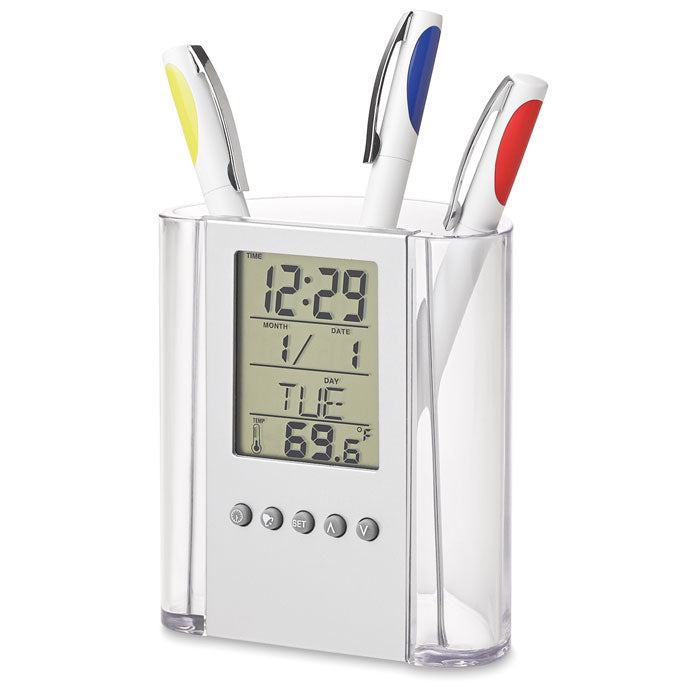 Branded Pen Holder with Calendar, Alarm Clock and Thermometer