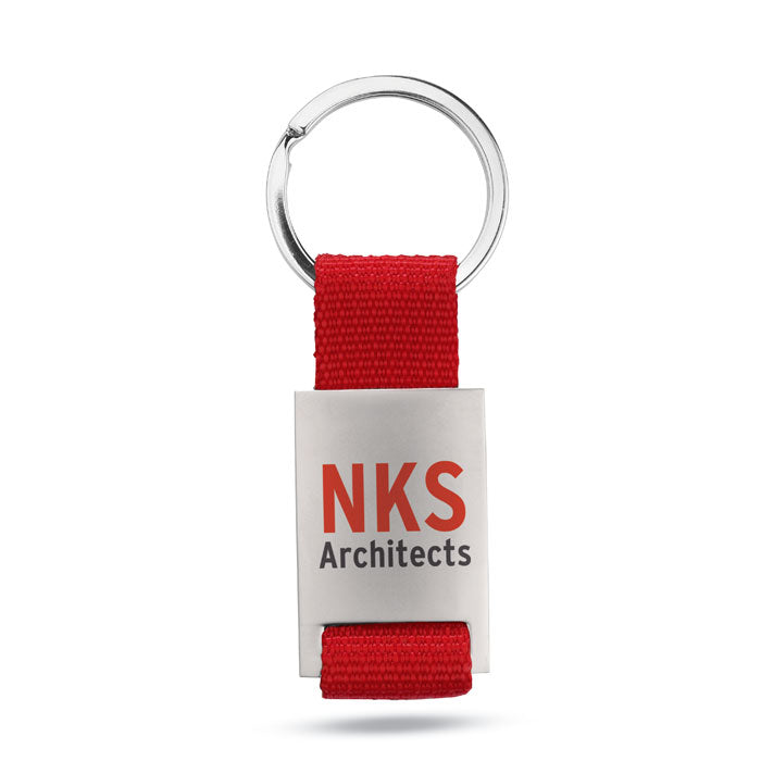 Branded Metal Rectangular Key Ring with Webbing in Red