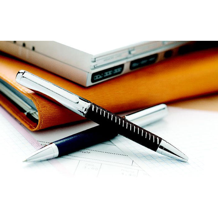 Branded Chrome Metal Pen with PU Detail in Tube Box in use