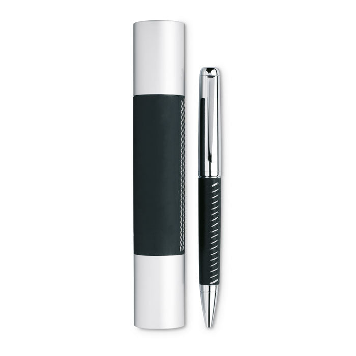 Branded chrome metal pen with PU detail in tube box