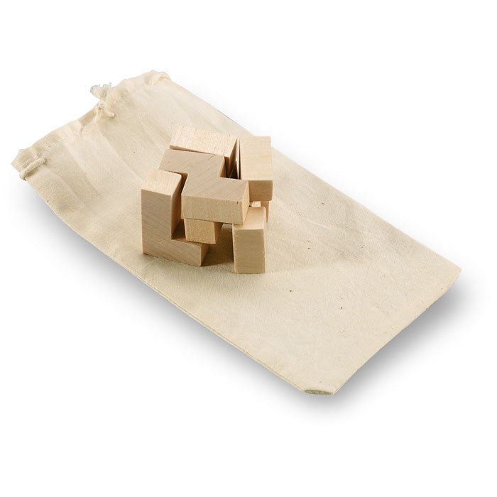 Branded Wooden Cube Puzzle in Cotton Pouch without branding