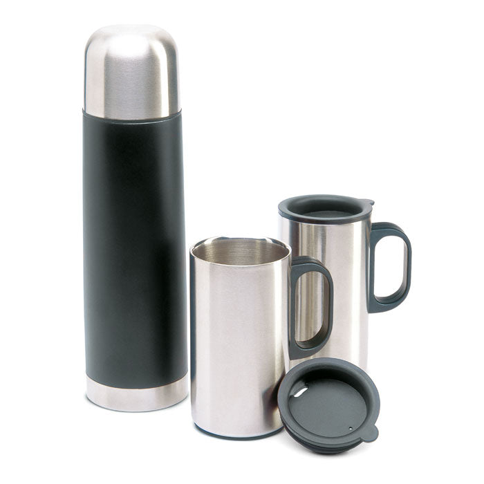 Branded vacuum flask with 2 mugs