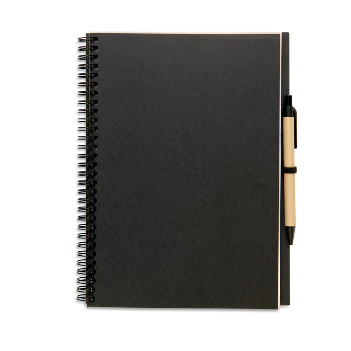 Branded Large Recycled Paper Notebook with Pen in Black