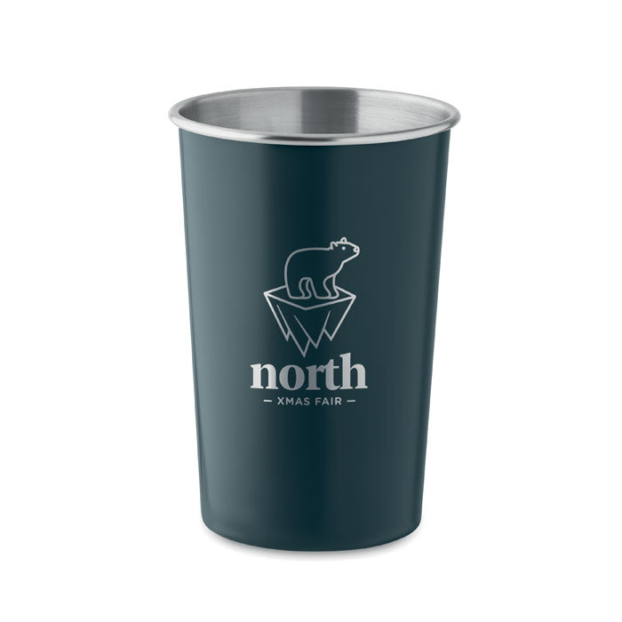 Branded reusable recycled steel cup, printed