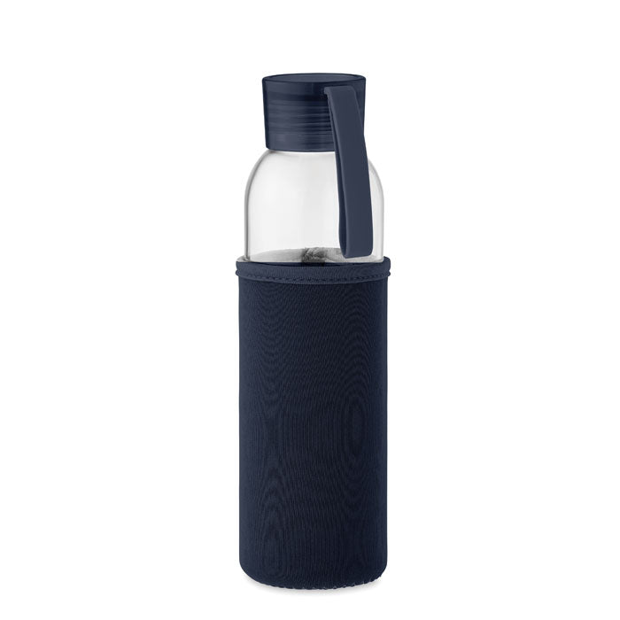 Branded recycled glass bottle with neoprene pouch