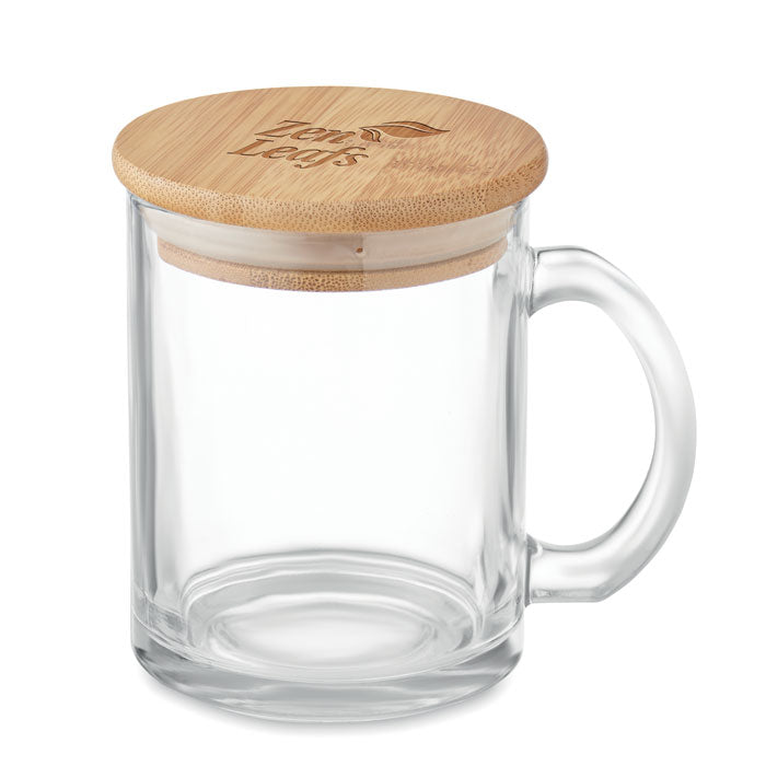 Branded recycled glass mug with bamboo lid, printed
